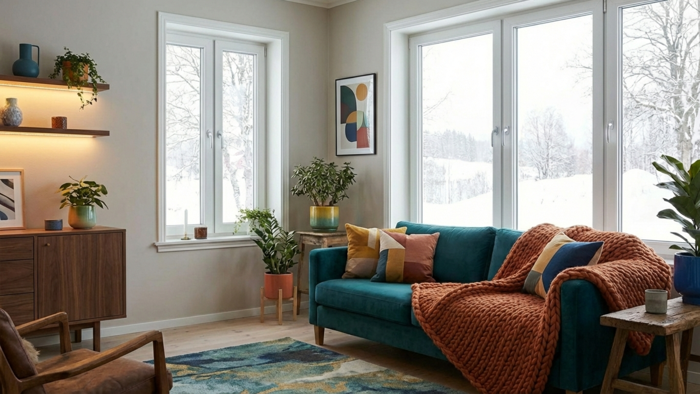 Janelas e portas de PVC numa sala moderna, ajudando a manter a temperatura ideal no inverno