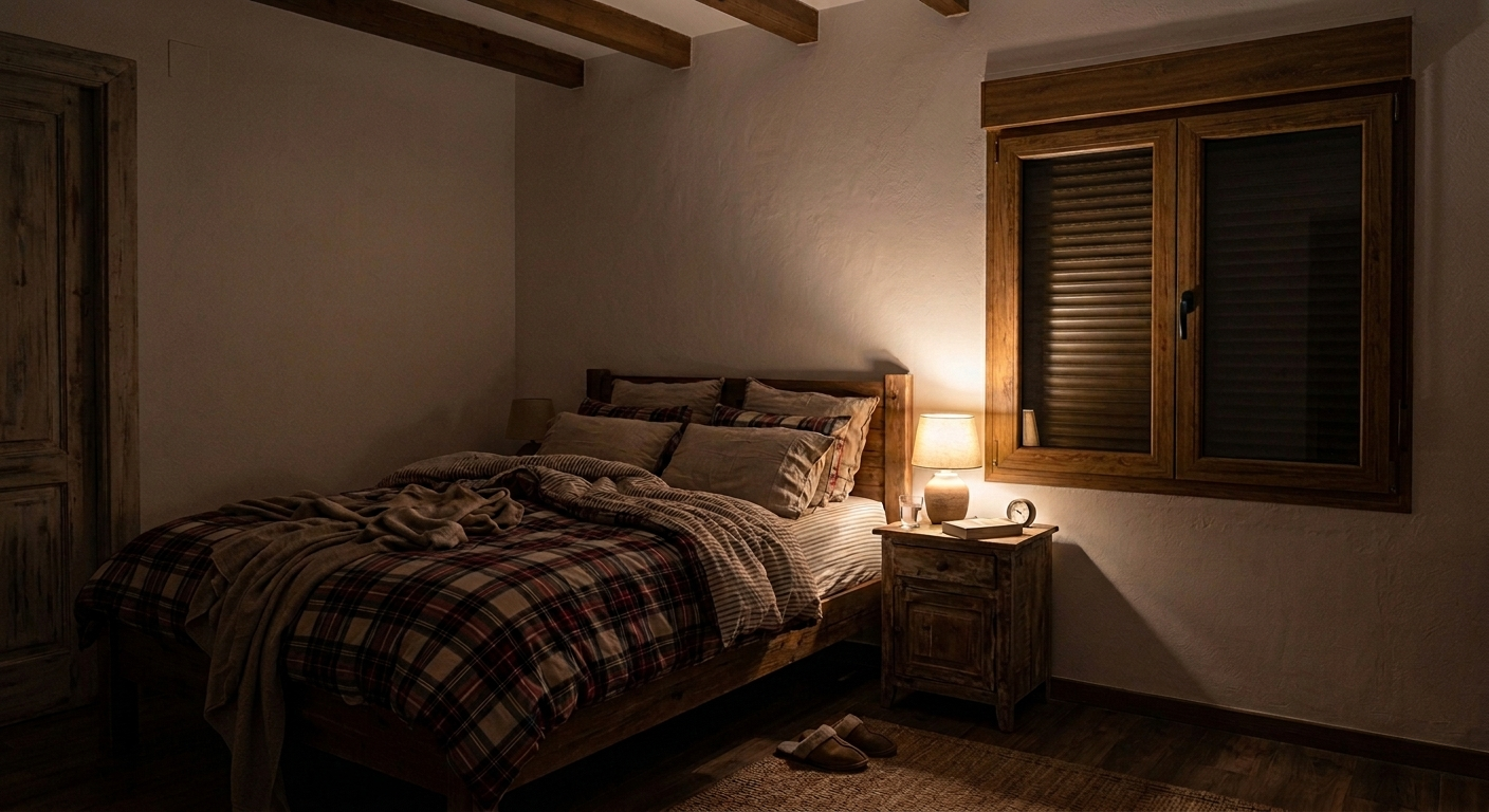 Quarto à noite com as persianas descidas