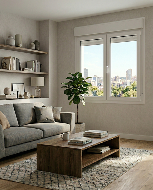 Sala de estar contemporânea com janela de abrir