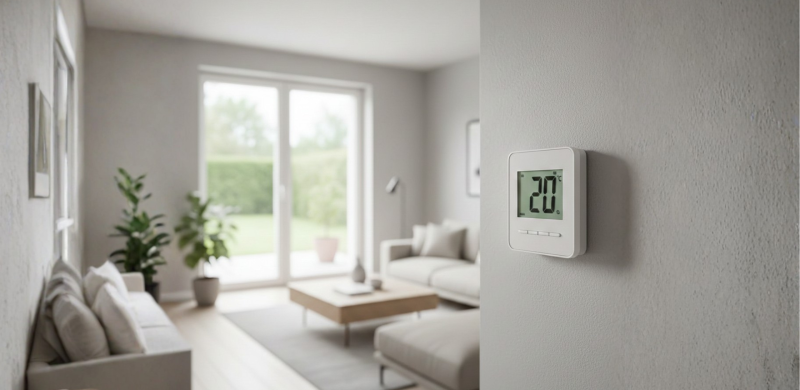 Termóstato indicando a temperatura ideal numa casa durante o inverno