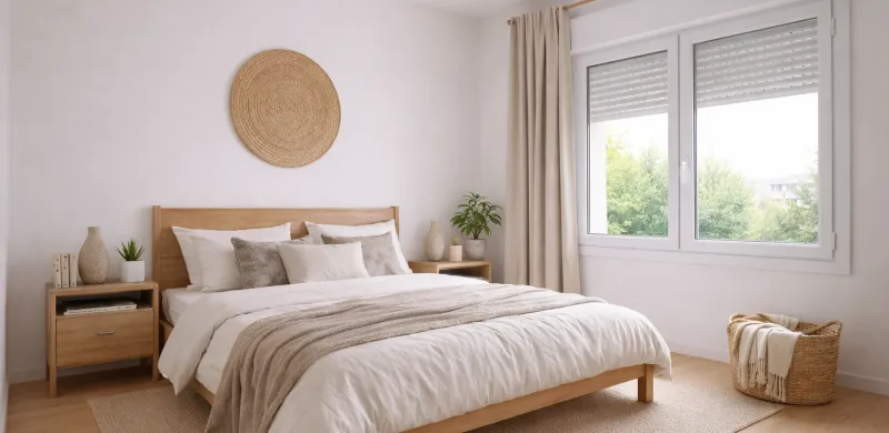 Quarto luminoso com persianas e janelas de PVC com sistemas Kömmerling