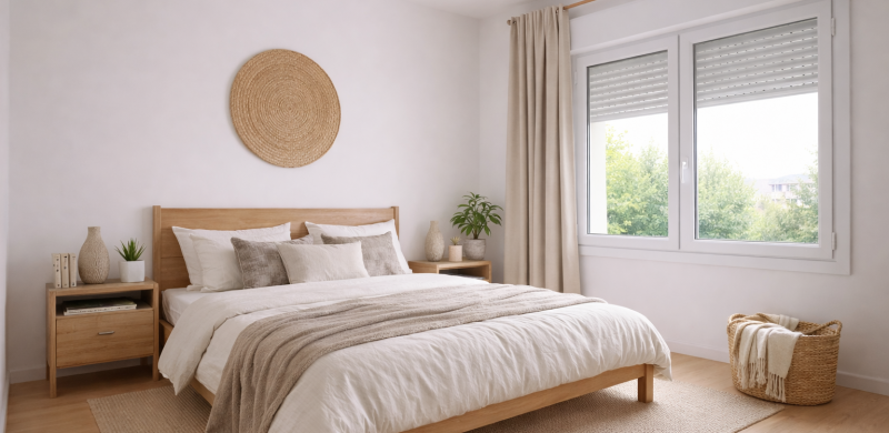 Quarto luminoso com persianas e janelas de PVC com sistemas Kömmerling
